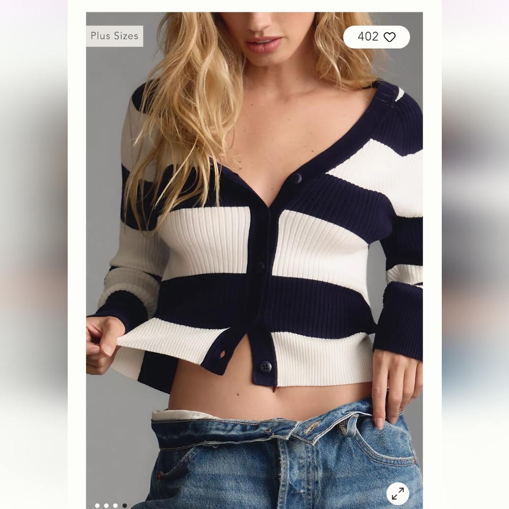 Maeve Anthropologie Striped Slim Rib Navy and White  Cardigan - Picture 4 of 9
